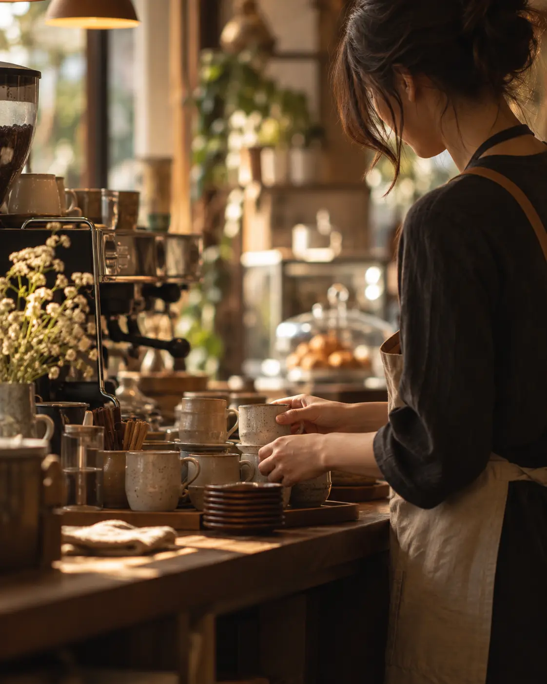 Coffee maker arranging ceramic cups at the J&B Brew bar