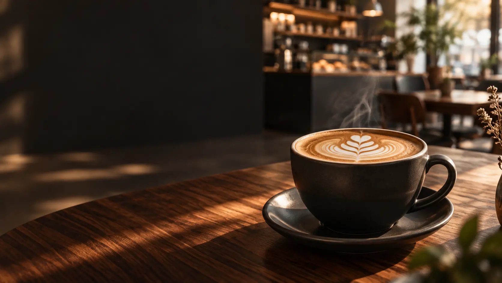 Latte art in a charcoal cup on a walnut coffee table